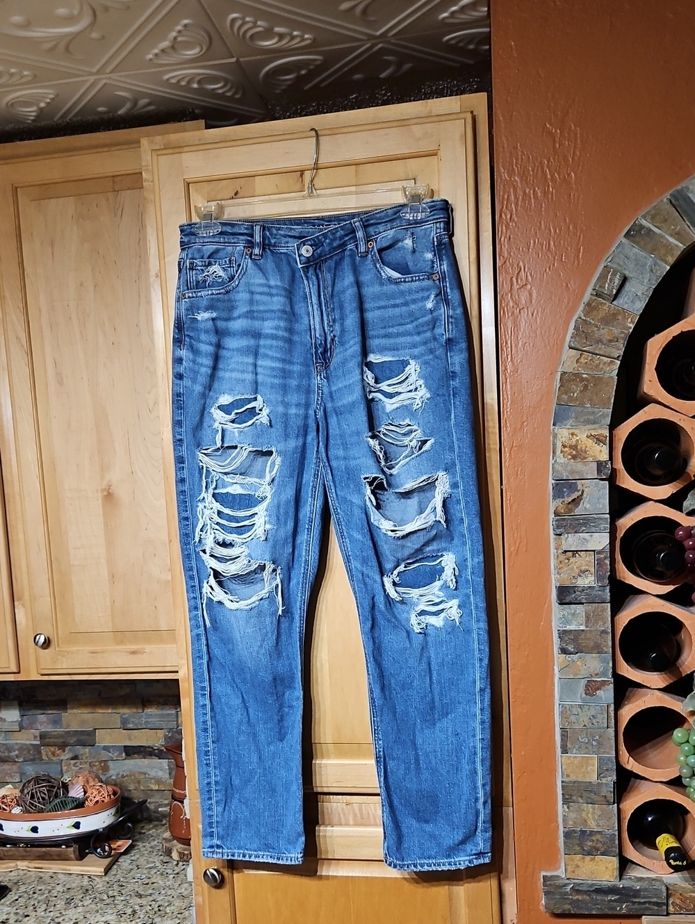 American Eagle Distressed Blue Strigid Mom Jean High Rise Straight Leg Jeans